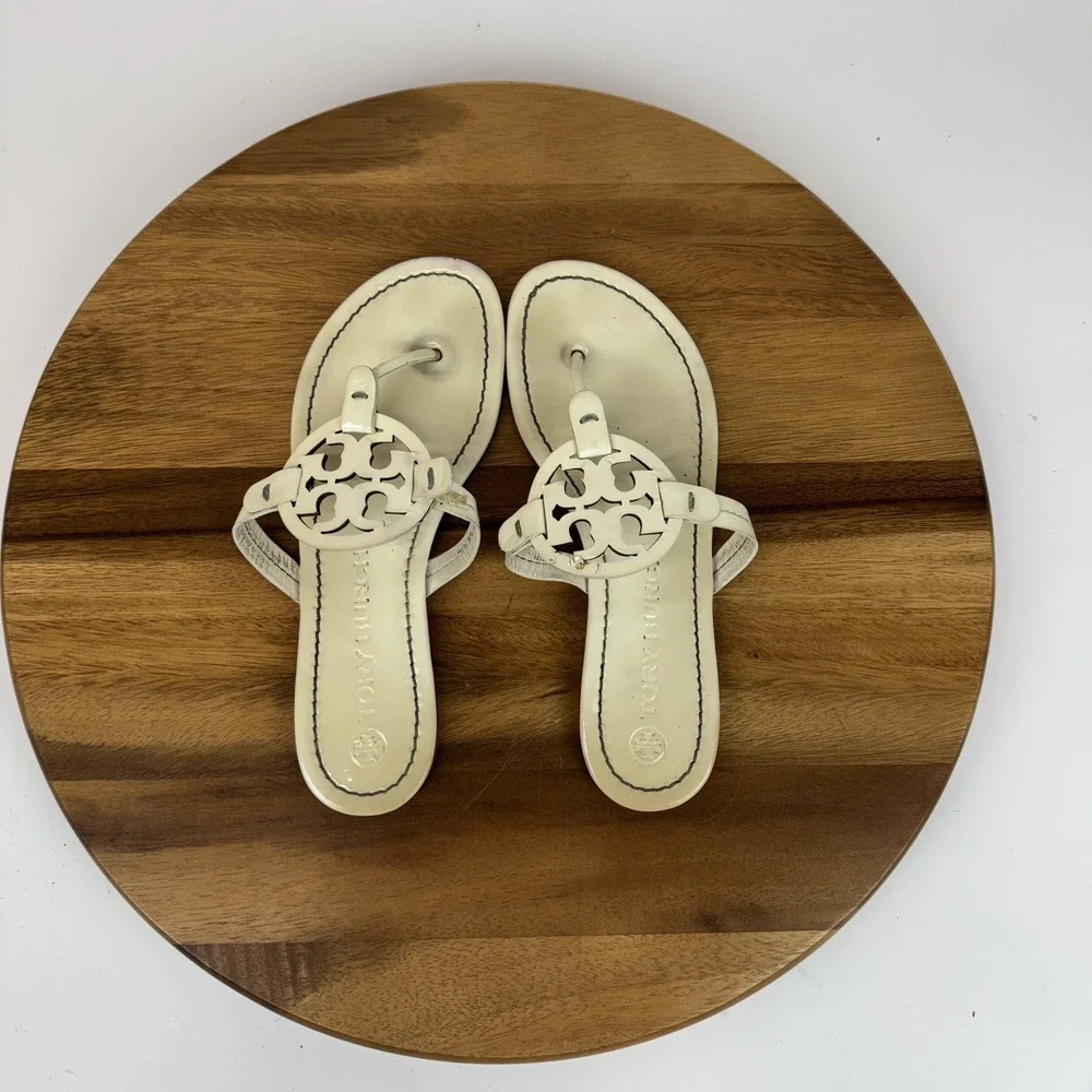 Womens Tory Burch Miller Thong Beige Leather Flip Flops Shoes Sandals Size 8.5 M